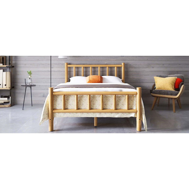 Bed Frame Queen Solid Pine Bed Fits Mattresses and Box Springs Natural Finish